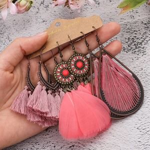 Handmade Feather Tassel Boho Statement Earrings